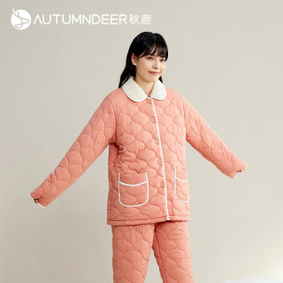 秋鹿睡衣女纯棉秋冬加厚休闲开衫翻领夹棉保暖可外穿家居服套装 qhil