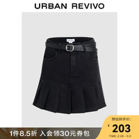 UR2024夏季新款女装复古辣妹压褶腰带短款牛仔半裙UWV840102 黑色