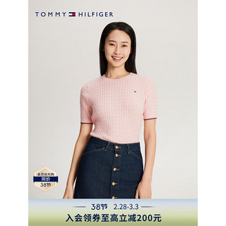 TOMMY HILFIGER 24春季女装纯棉简约绣标复古绞花合身短袖针织衫41787 粉色TJQ L