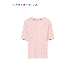 TOMMY HILFIGER 24春季女装纯棉简约绣标复古绞花合身短袖针织衫41787 粉色TJQ L