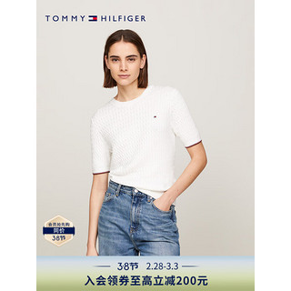 TOMMY HILFIGER 24春季女装纯棉简约绣标复古绞花合身短袖针织衫41787 白色YBL S