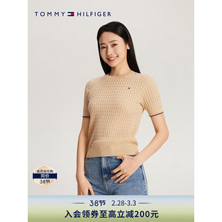 TOMMY HILFIGER 24春季女装纯棉简约绣标复古绞花合身短袖针织衫41787 卡其色ACR XXS