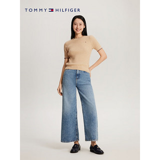 TOMMY HILFIGER 24春季女装纯棉简约绣标复古绞花合身短袖针织衫41787 卡其色ACR XXS