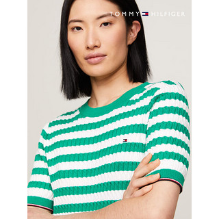 TOMMY HILFIGER 24春季女装纯棉简约绣标复古绞花合身短袖针织衫41787 绿白条纹0CH L