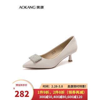 奥康（Aokang）女鞋 2024春季优雅法式细高跟鞋尖头方扣通勤单鞋女 米白色 5cm 35
