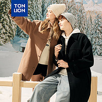 唐狮 TONLION翻领净色中长款仿毛呢大衣外套 黑色（男女同码） XL