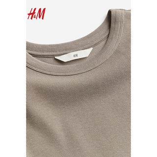 H&M 女装T恤2024春季柔软舒适修身休闲圆领短袖上衣1157799 米灰色 165/96A