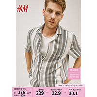 H&M2024春季男士标准版型纹理感针织古巴领衬衫1207092 灰色/浅蓝色条纹 175/108A L
