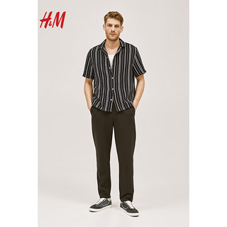 H&M2024春季男士标准版型纹理感针织古巴领衬衫1207092 灰色/浅蓝色条纹 170/92A S