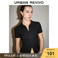URBAN REVIVO UR2024夏季女装时尚气质肌理修身正肩Polo领T恤UWG440054 正黑 M