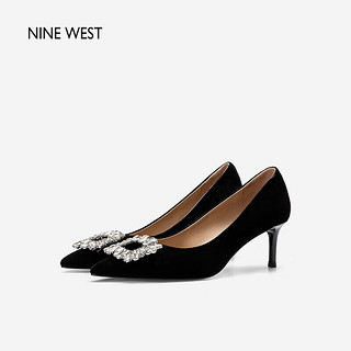 NINE WEST/玖熙羊反绒女单鞋闪钻方扣优雅高跟鞋NH207009SK 黑色 36