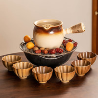 瓷牌茗茶具围炉煮茶茶具套装泥炉罐罐茶煮茶壶全套家用户外烧烤炉打边炉子 褐渐变月颜壶+竖纹炉+网6花瓣 1L