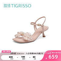 蹀愫（tigrisso）夏蝴蝶结仙女方头一字带小猫跟凉鞋女TA43309-13 浅粉色皱羊皮革无色胶片材料 38