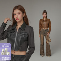 CHUU仿PU皮拼接外套女2024年春季新品辣妹不对称撞色拉链短款上衣 咖啡色 均码