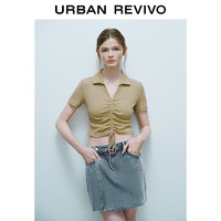 UR2024夏季女装时尚简约Polo领短款修身抽褶T恤衫UWL440067 卡其 S