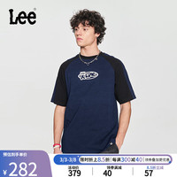 李 Lee24早春新品舒适版镭射字母印花拼色插肩袖深蓝色男短袖T恤潮流 深蓝色 S