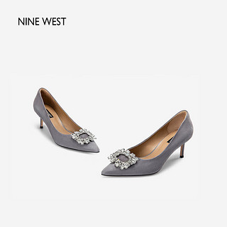 NINE WEST/玖熙羊反绒女单鞋闪钻方扣优雅高跟鞋NH207009SK 灰色 35 