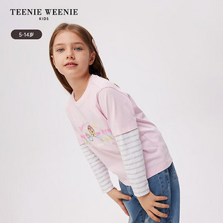 Teenie Weenie Kids小熊童装24春季女童撞色条纹长袖假两件T恤 浅紫色 110cm