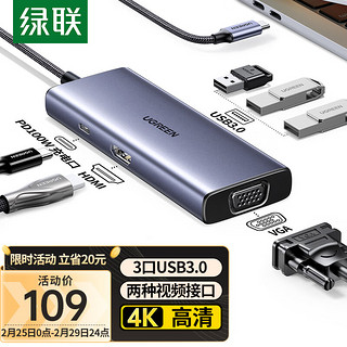 UGREEN 绿联 Type-C扩展坞USB-C拓展坞HDMI/VGA转换器转接头分线器通用苹果MacBook电脑iPad华为笔记本iPhone15