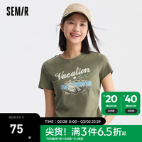 Semir森马短袖T恤女短款设计感印花复古2024夏季新款正肩修身上衣小众