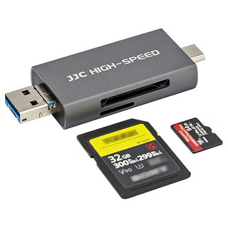 JJC USB3.1高速读卡器 适用于UHS-Ⅱ SD/TF卡 单反相机行车记录仪存储内存卡 支持手机Type-C苹果15 商务灰 Type-C+USB+Micro B口