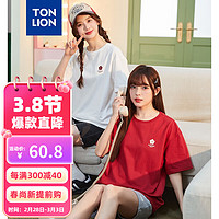 唐狮 TONLION短袖T恤女24夏季左胸小花圆领小清新宽松半袖上衣 洋红 M