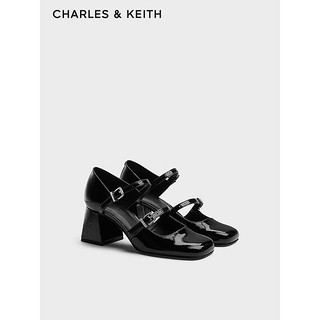 CHARLES&KEITH24春法式粗跟方头一字带玛丽珍鞋CK1-60361494 Black Patent黑色 35