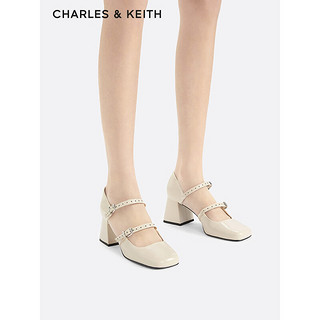 CHARLES&KEITH24春法式粗跟方头一字带玛丽珍鞋CK1-60361494 Beige米色 40