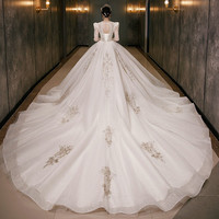 红妆饰佳 婚纱2024新娘长袖重工奢华复古宫廷高级拖尾主婚纱 细闪裙拖地款 L