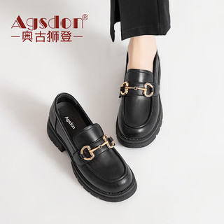 奥古狮登（Agsdon）乐福鞋女软底软皮小皮鞋女粗跟百搭圆头单鞋 521019 黑色 36