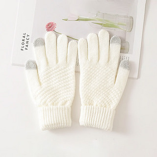 叕二叕  触屏手套女冬季针织加绒提花加厚防滑保暖时尚冬季手套 白色