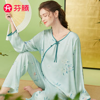 芬腾睡衣女仿丝2024年春季包边圆领盘扣国风古韵佳人长袖家居服套装