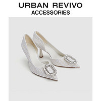 URBAN REVIVO2024春季女士法式小香尖头钻扣单鞋UAWS40011 米白 36