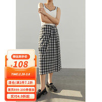 独束大码女装立体打褶半身裙女秋季微胖mm高腰显瘦格子裙22DS3276 黑灰格 XXXL