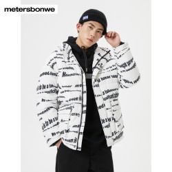 metersbonwe美特斯邦威立领羽绒服男冬季保暖白鸭绒字母满印印花外套