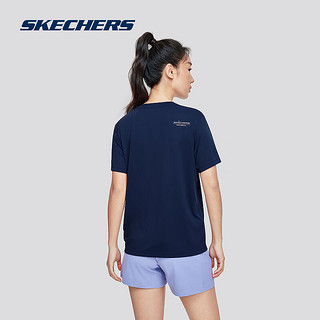 Skechers斯凯奇2024男女同款运动T恤轻盈针织圆领短袖衫宽松舒适 女款-海军学院蓝/02MZ XL