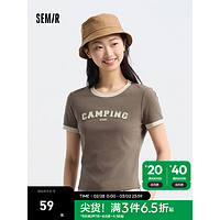 森马（Semir）短袖T恤女短款正肩撞色复古风2024夏季修身字母上衣个性 咖色调00355 160/84A/M