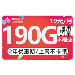 中国移动 CHINA MOBILE 躺平卡 2年（19元190G流量+2年优惠期+送480元话费+流量可续约+红包40元）