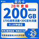 中国电信 星吉卡 长期29元月租（200G全国流量+0.1元/分钟通话）