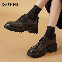 达芙妮 单鞋女复古乐福鞋厚底增高小皮鞋百搭女鞋子 422104569 黑色