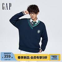 Gap男装春季2024LOGO学院风不对称V领针织衫885857宽松毛衣 海军蓝 185/108A(XXXL)亚洲尺码