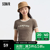 森马（Semir）短袖T恤女短款正肩撞色复古风2024夏季修身字母上衣个性 咖色调00355 175/96A/XXL