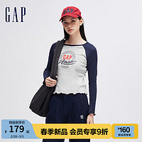 Gap 盖璞 女装2024春季logo撞色拼接插肩袖花边长袖上衣女友T888456 浅灰色 155/76A(XS) 亚洲尺码