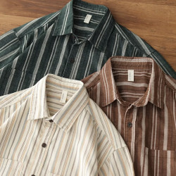 jingdong京东日系复古文艺休闲宽松灯芯绒简约衬衣秋季新款条纹衬衫男