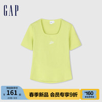 Gap女装2024春季新款亲肤柔软logo镂空方领短袖T恤多色上衣890006 柠檬黄 175/92A(XL) 亚洲尺码