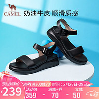 CAMEL 骆驼 凉鞋女轻盈牛皮一字带方形勾扣坡跟凉鞋 LF22220596 黑色 38