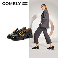 康莉（COMELY）粗跟乐福鞋女时尚圆头中跟单鞋小皮鞋 黑色 35 