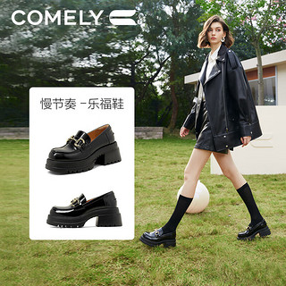 康莉（COMELY）厚底乐福鞋女春季增高百搭黑色JK小皮鞋松糕底单鞋 黑色 35 