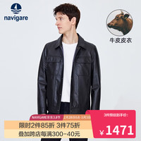 Navigare意大利小帆船真皮皮衣男春季翻领休闲外套牛皮革防风大衣 暗夜黑 XXXL/56