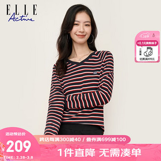 ELLE ACTIVE 采拾光芒系列气质条纹V领长袖T恤女装秋季独特绣花标休闲针织T恤 藏青色 L